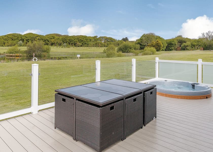 Willow Lodge decking and hot tub - Florence Springs Luxury Lodges, Tenby, Pembrokeshire, South West Wales